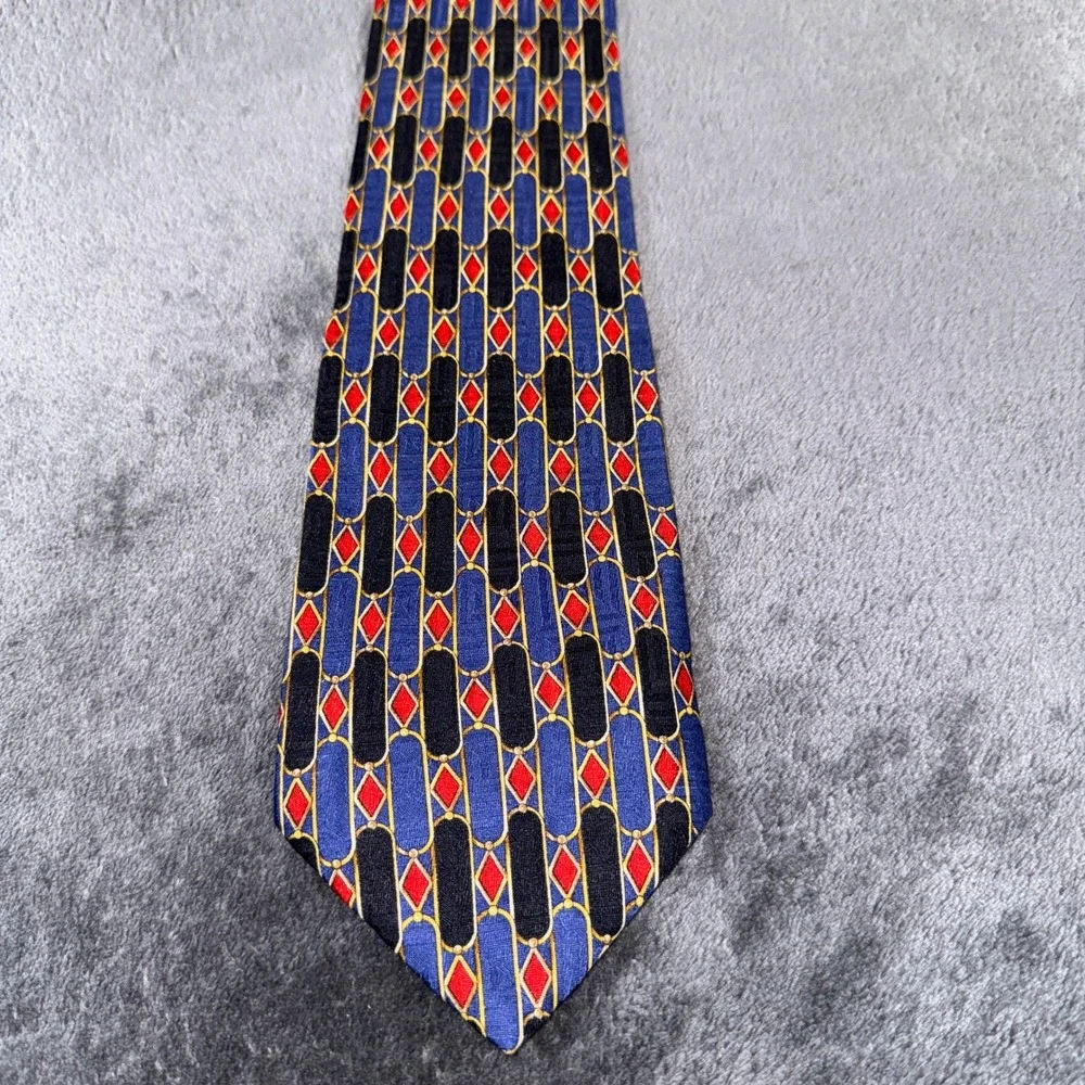 Neiman Marcus Mens Silk Tie Blue Red Diamond Geometric Hand Made in Spain 60in